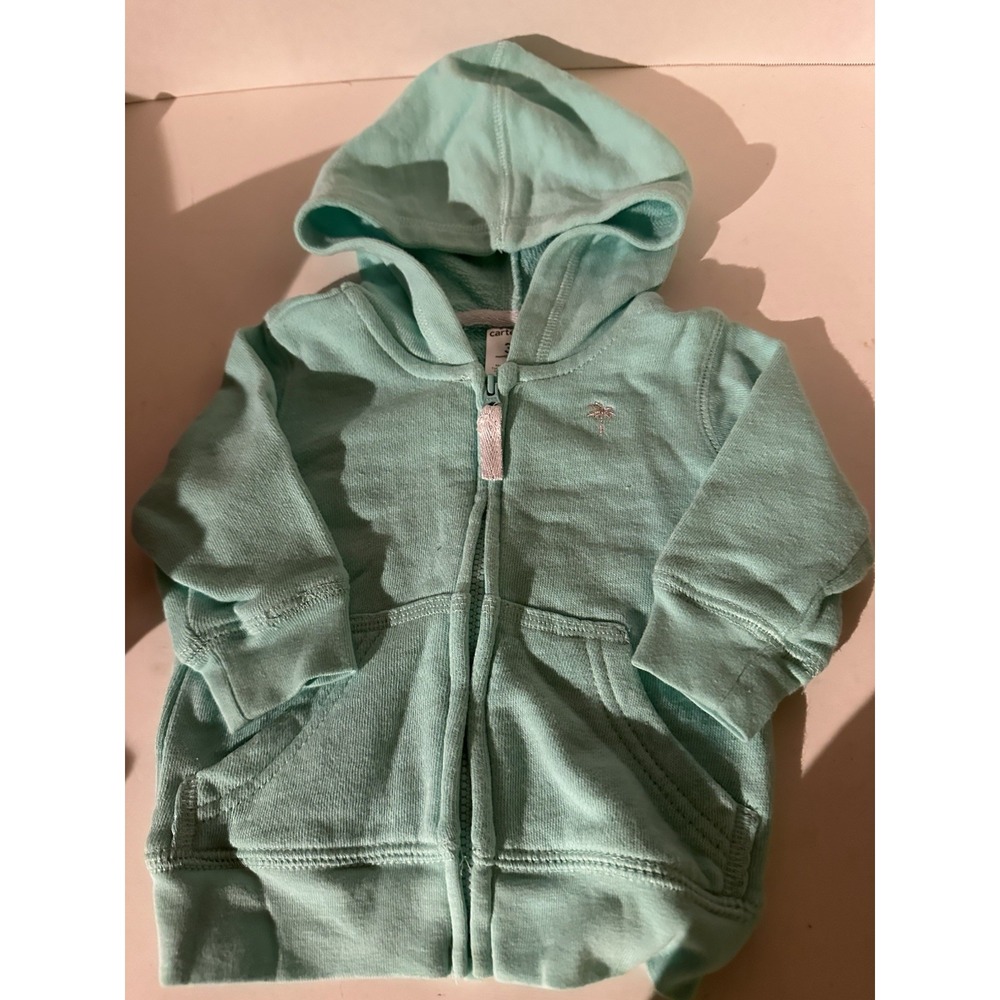 Carter's Hoodie - Size 3 Months - Green Zip Up W/Pockets Palm Tree Hit EC